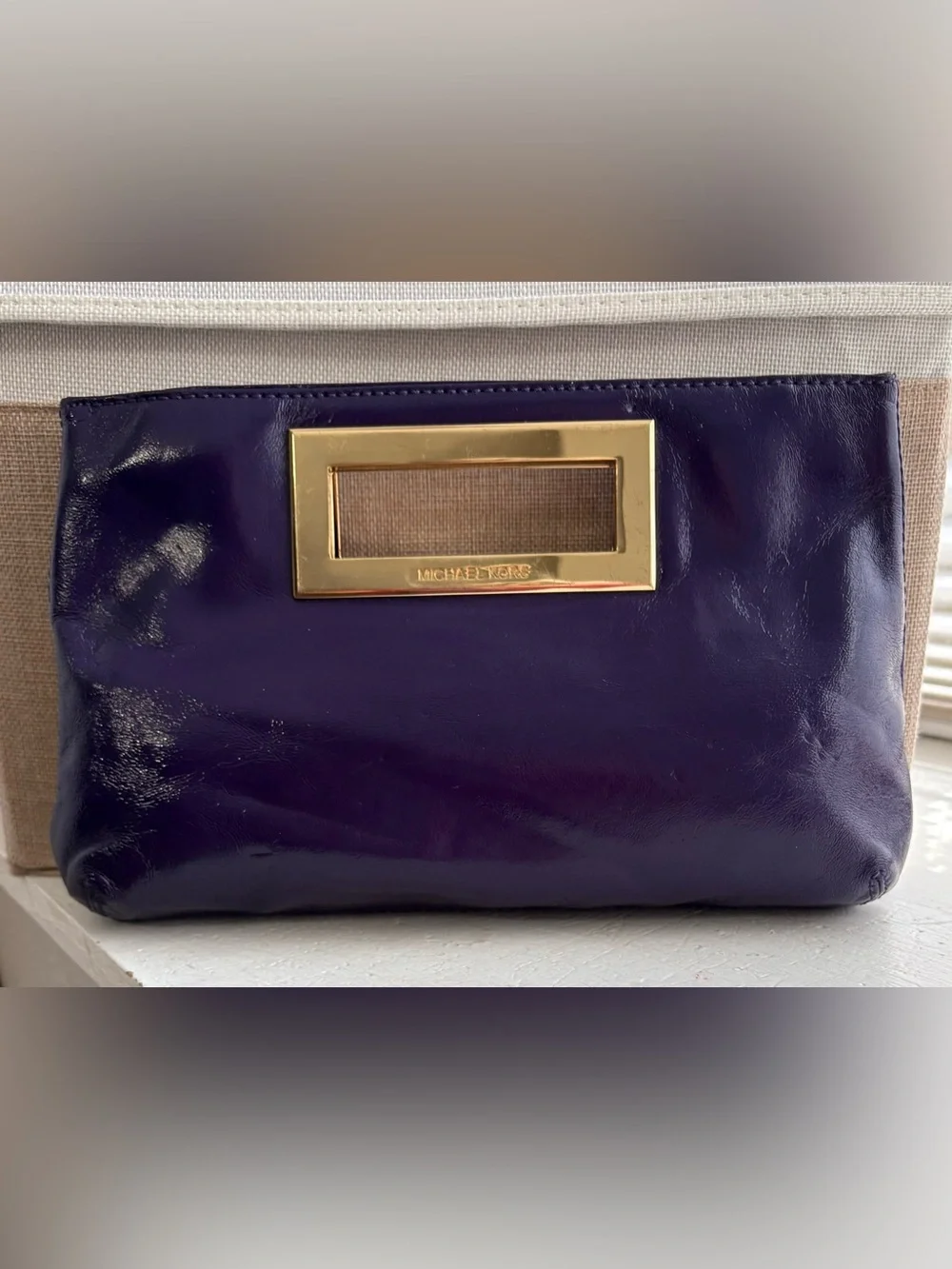 Michael Kors Leather Berkley Clutch Hand Bag Purse Purple with Gold Hardware